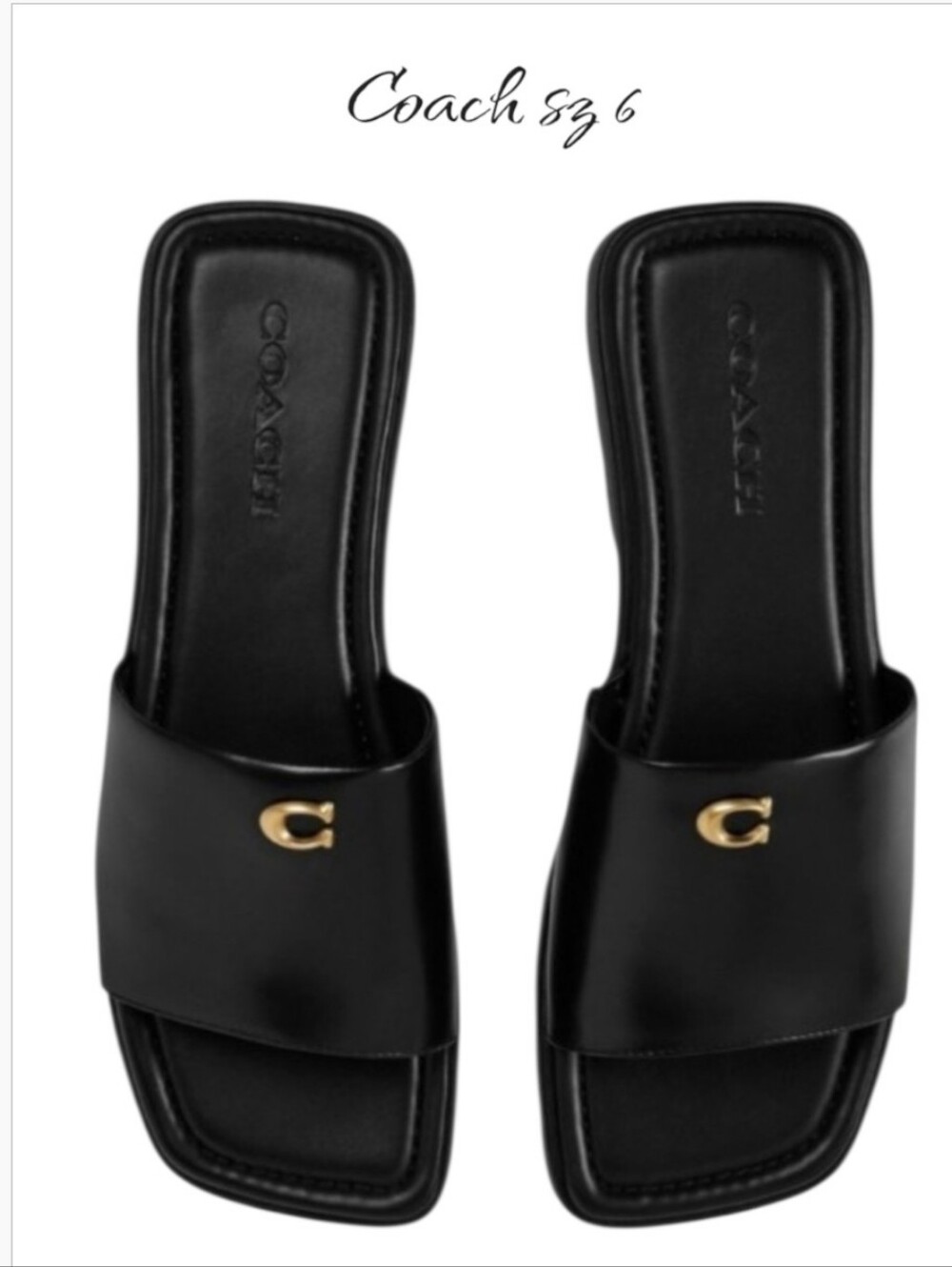 COACH Florence Black Leather Slide Sandals Gold C Logo Flat Square Toe Slides 6